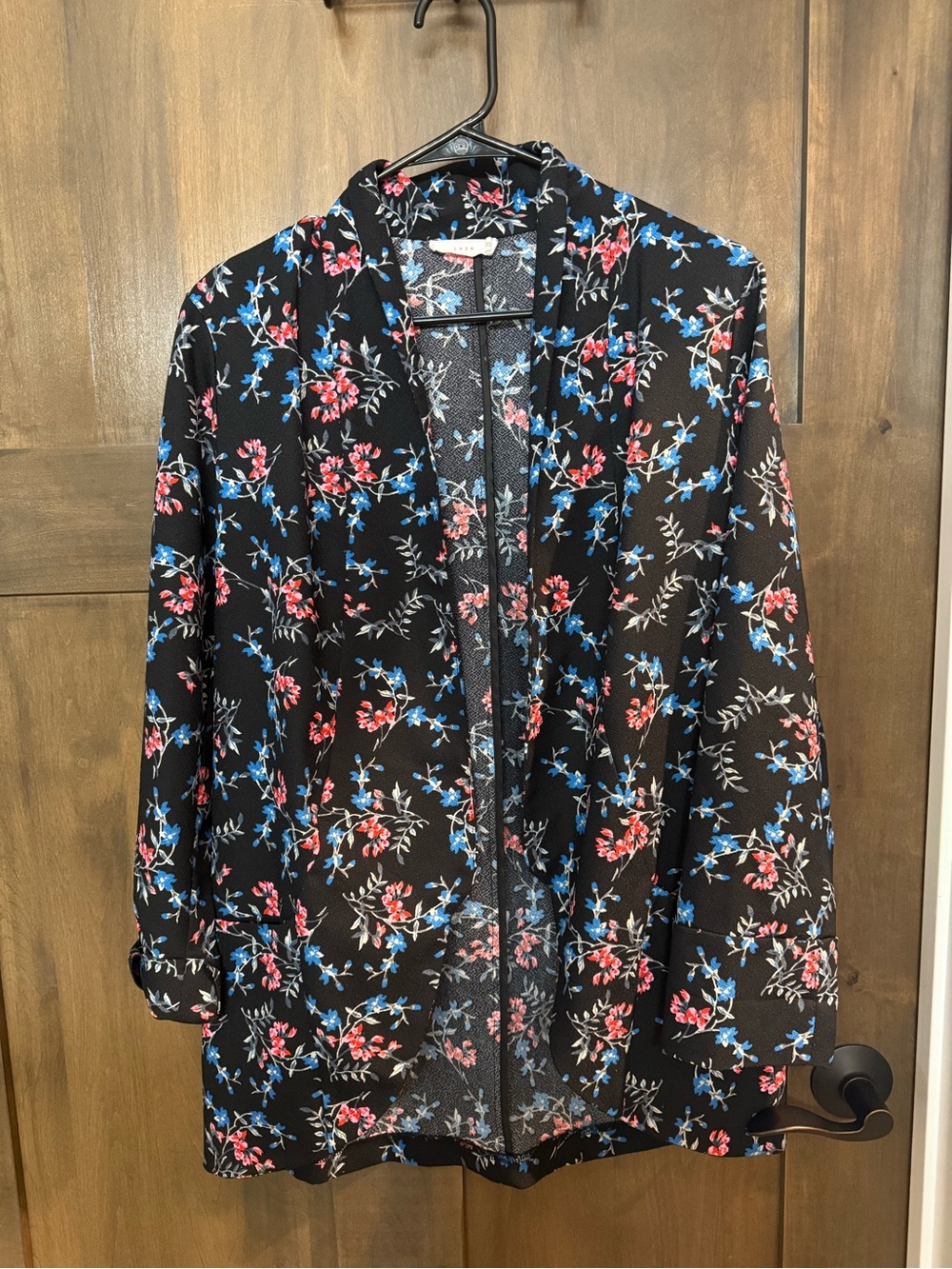 Lush Black Open-Front Tunic with Pink & Blue Floral Print oversized